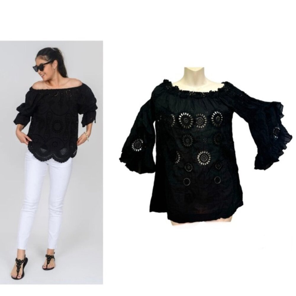 Temptation Silk Cotton Eyelet Lace Boho Bell Sleeve Tunic Top Elastic Shoulder S